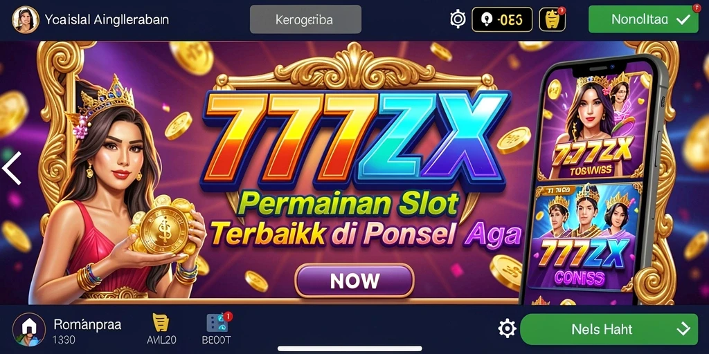 Screenshot gameplay <strong>777ZX</strong> menampilkan gulungan yang penuh warna dan animasi menarik.