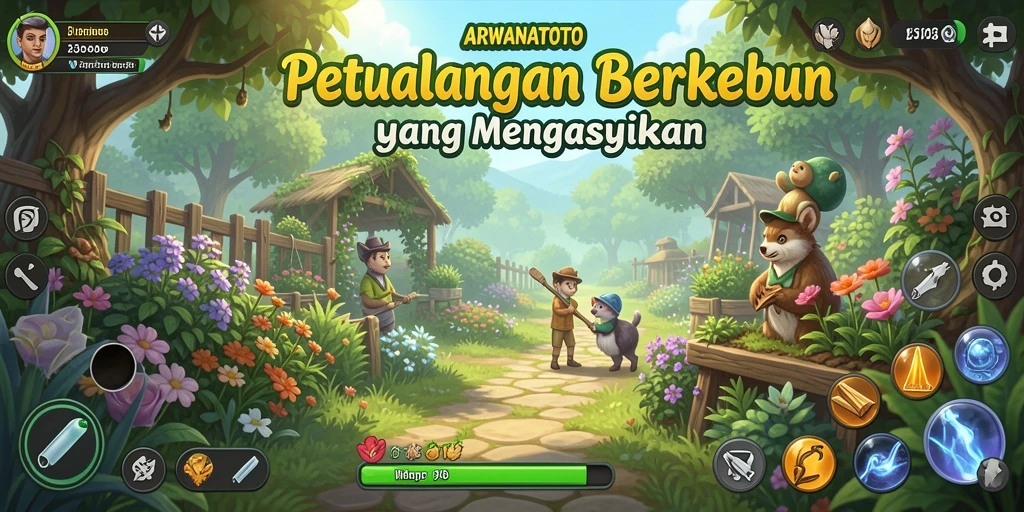 Screenshot menampilkan kebun indah dalam ARWANATOTO dengan tanaman yang tumbuh subur.