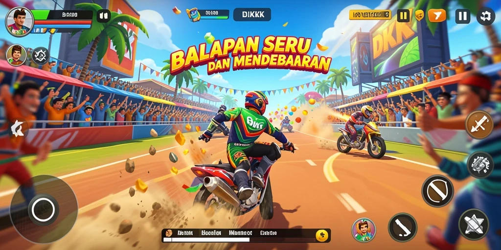 Tampilan aksi balapan intens di DKK dengan berbagai kendaraan.