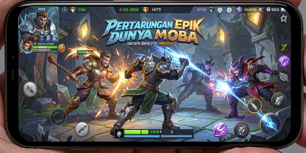 Menampilkan pertarungan karakter dalam arena MOBA yang mendebarkan.