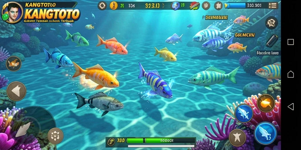 Tampilan gameplay KANGTOTO dengan aksi menembak ikan yang seru.