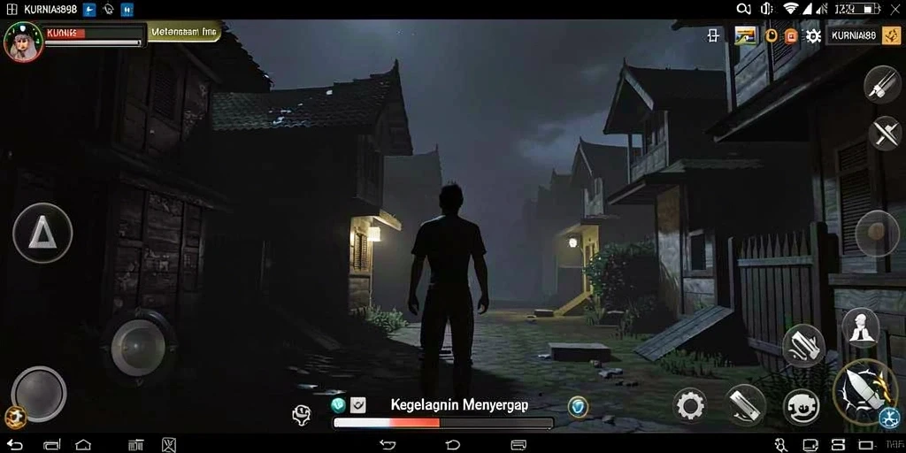 Screenshot gameplay KURNIA898 menampilkan suasana menyeramkan dan karakter di dalam kegelapan.