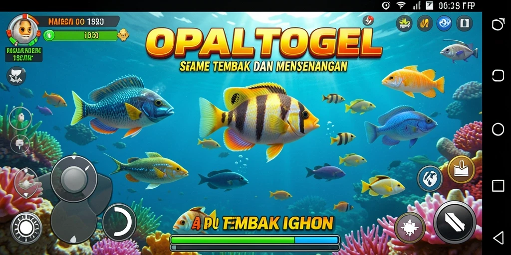 Screenshot OPALTOGEL menampilkan aksi menangkap ikan dengan senjata berwarna-warni.
