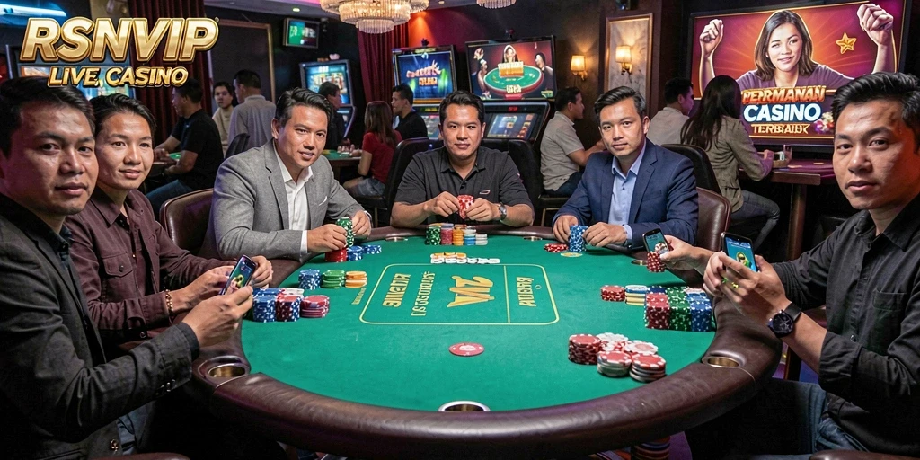 Tampilan gameplay RSNVIP dengan dealer langsung dan berbagai permainan kasino.