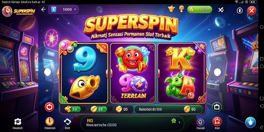 Tangkapan layar gameplay SUPERSPIN yang menampilkan simbol slot berkilauan.