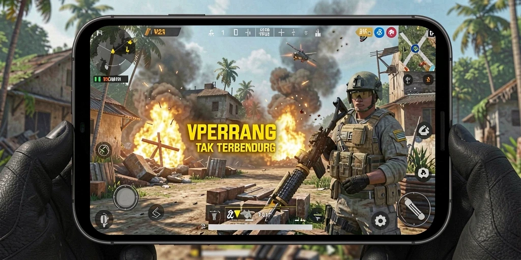 Tangkapan layar menunjukkan aksi intens dalam battlefield FPS.
