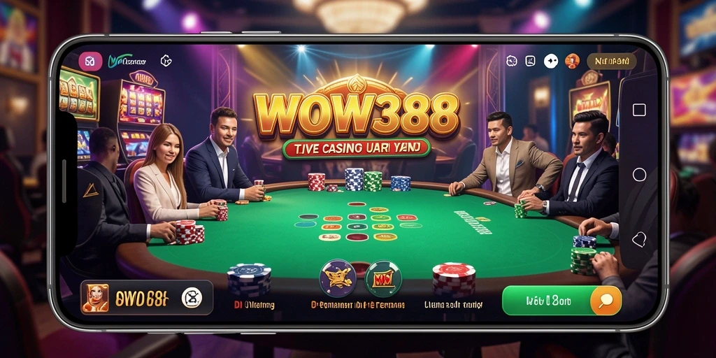 Screenshot WOW388 menampilkan dealer langsung dan suasana kasino yang hidup.